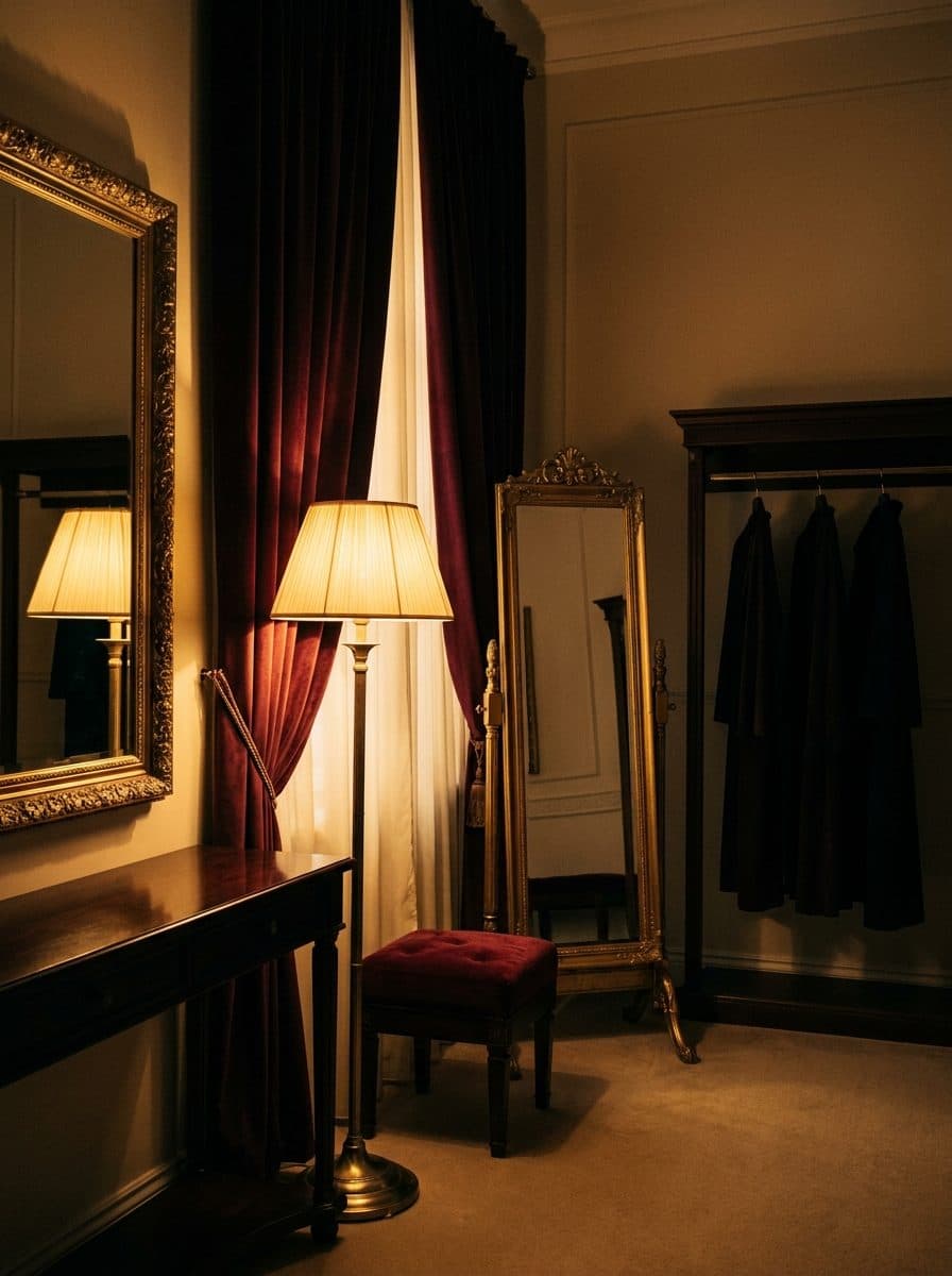 Velvet curtains, antique mirrors and a clothing rail in a warmly lit dressing room
